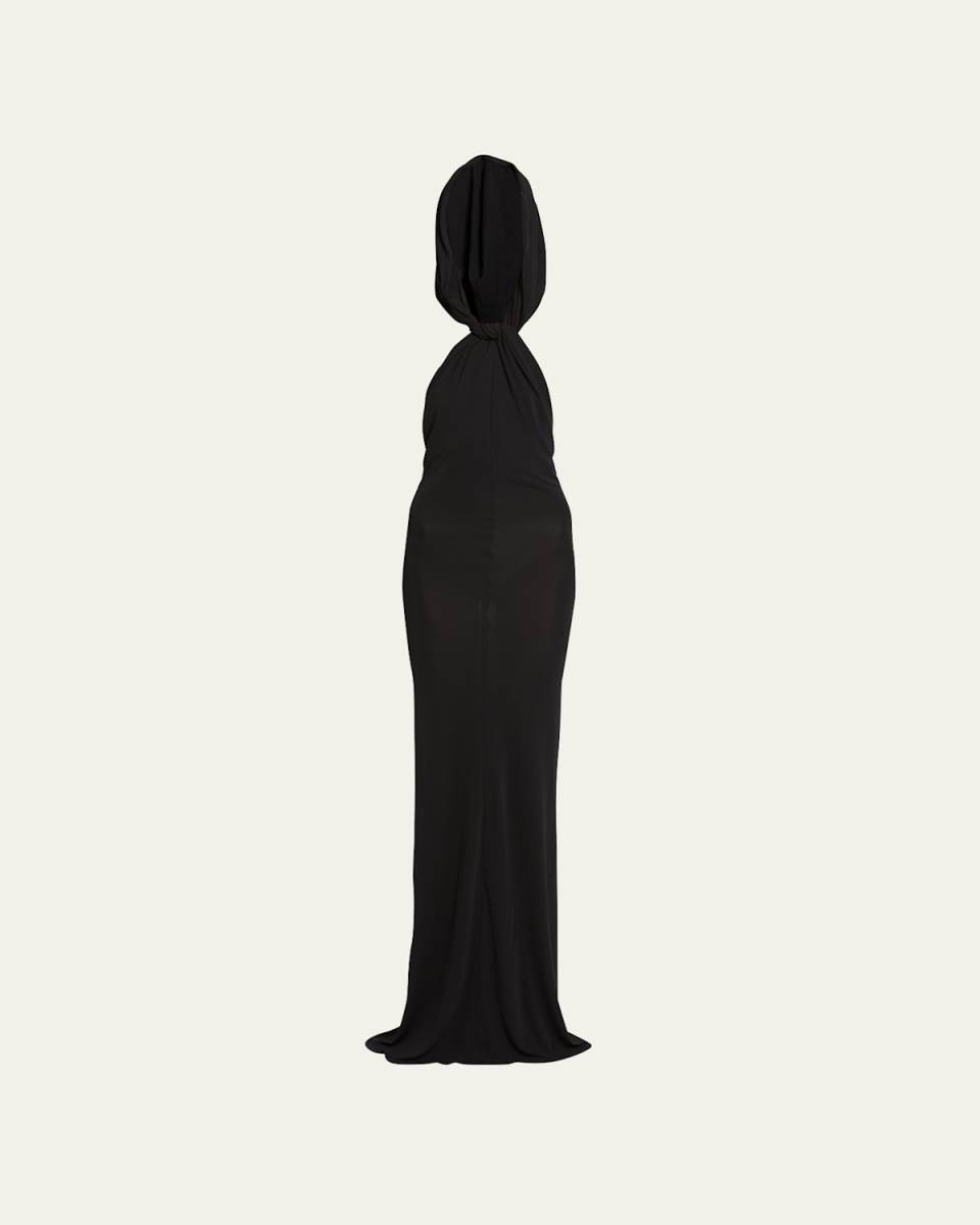 Hooded Open-Back Long Column Gown